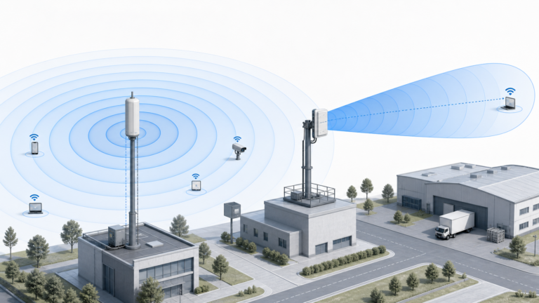 Illustration comparing omnidirectional and directional antenna coverage patterns in a wireless deployment