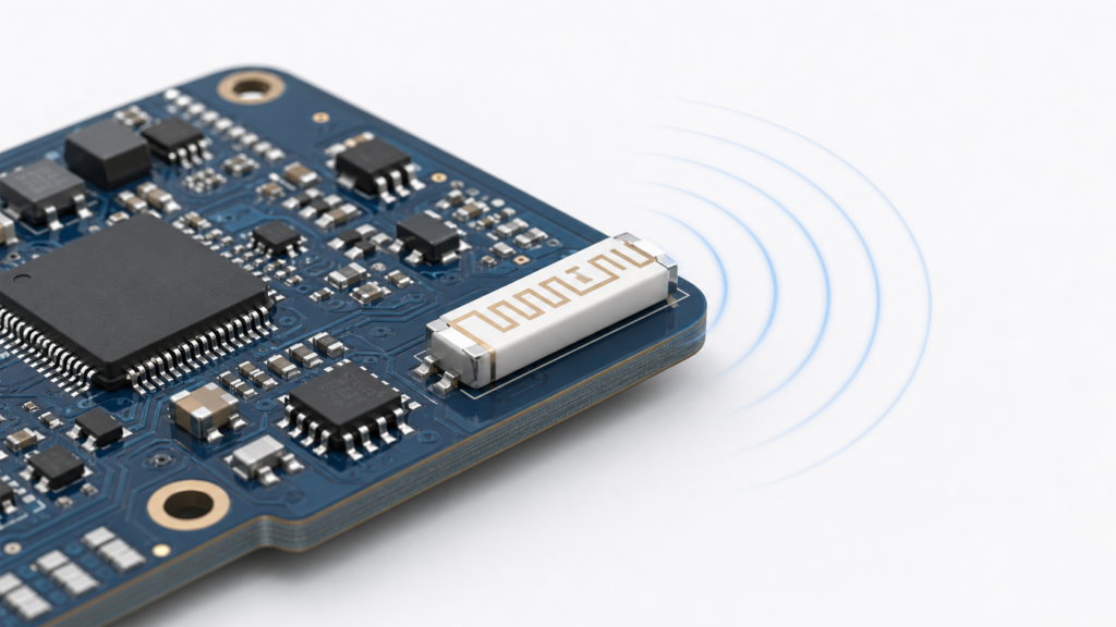 Close-up illustration of a ceramic antenna integrated into a compact IoT device PCB