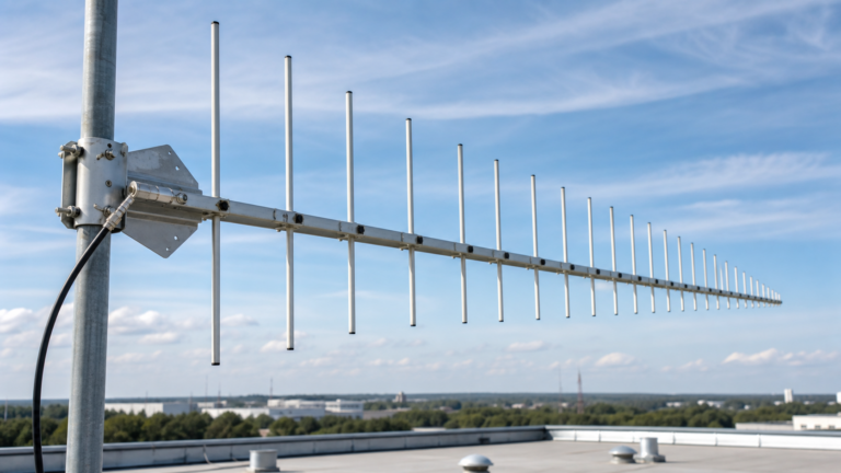 Technical illustration of an LPDA antenna with directional beam and element array structure