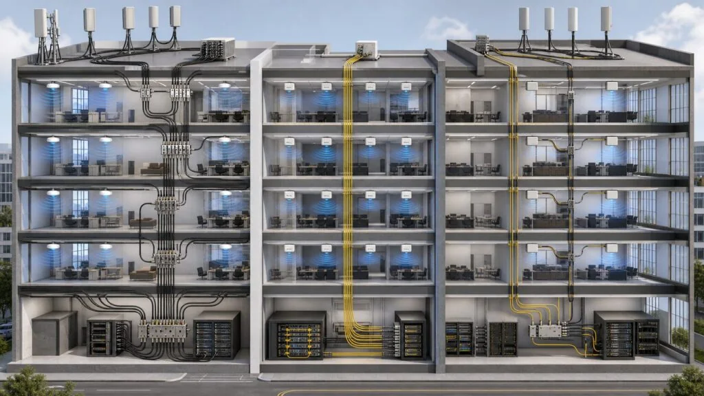 Comparison of passive, active, and hybrid distributed antenna system architectures in large buildings