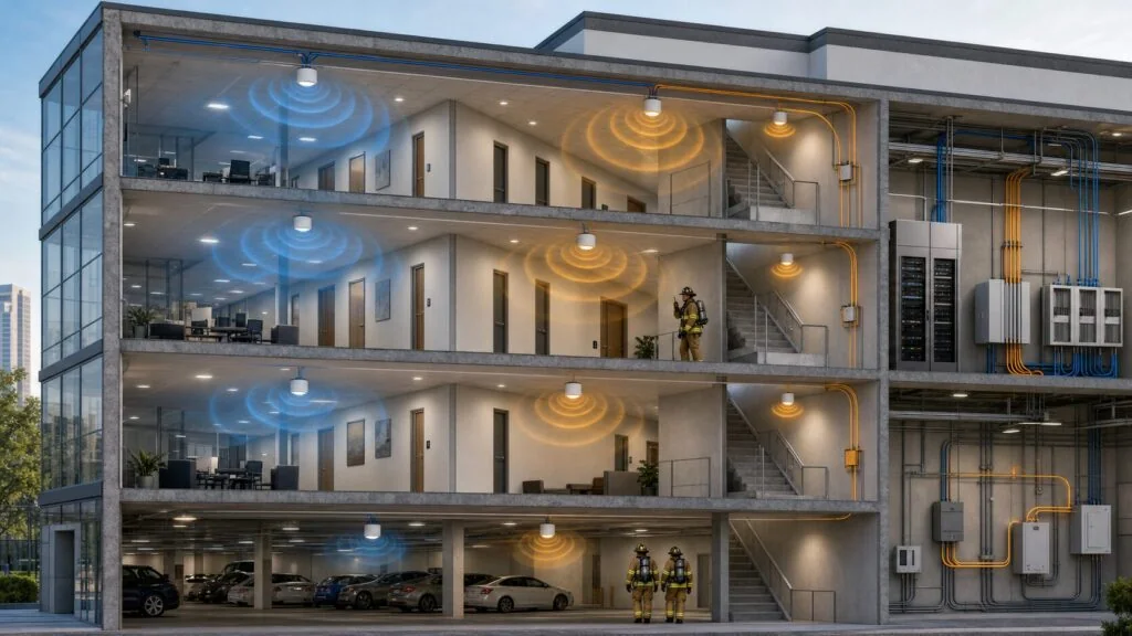 Comparison of public safety DAS and commercial cellular DAS in a building emergency communications scenario