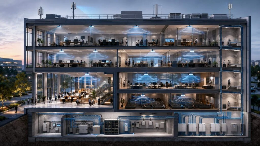 Dense indoor or venue mmWave deployment showing compact ceiling-mounted antenna modules