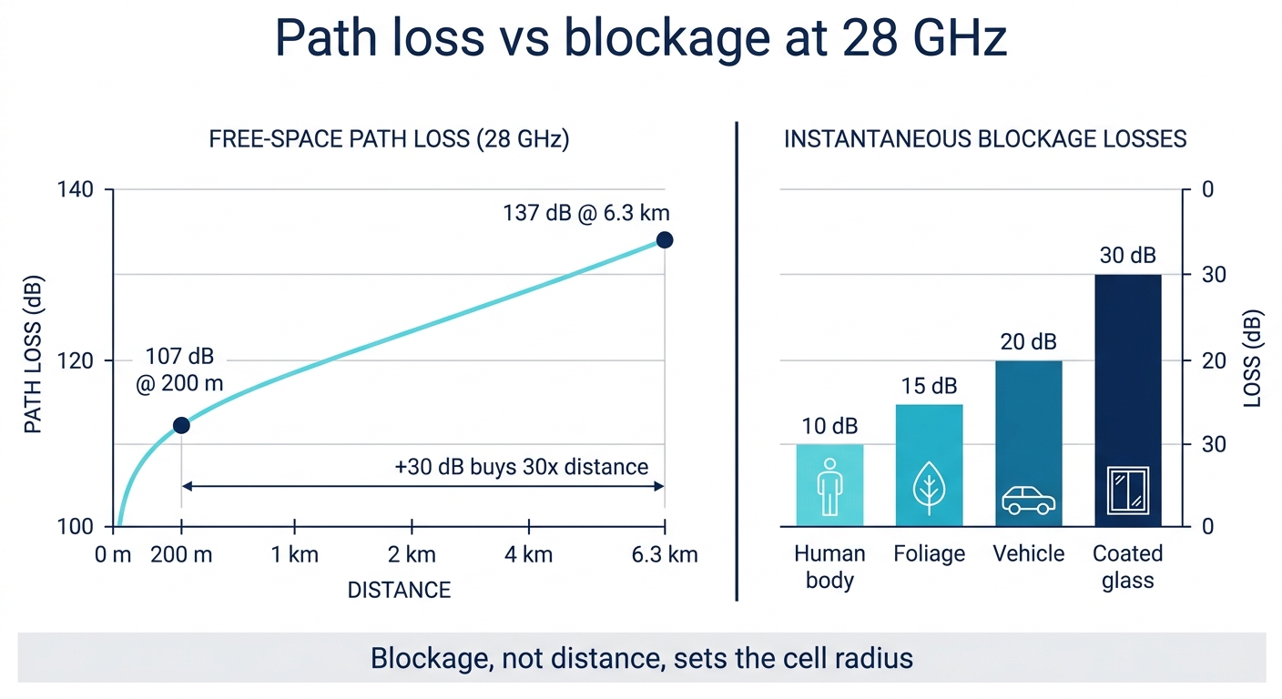 Comparison of 28 GHz free-space path loss over distance versus instantaneous blockage losses from bodies, foliage, vehicles and coated glass