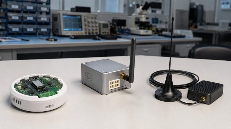 Outdoor telecom site showing multiple 5G antenna types in different mounting positions