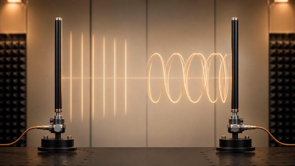 Lineare und zirkulare Antennenpolarisation zwischen zwei ausgerichteten Antennen