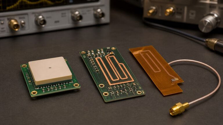 Ceramic chip, PCB trace and FPC antenna implementations on an RF lab workbench