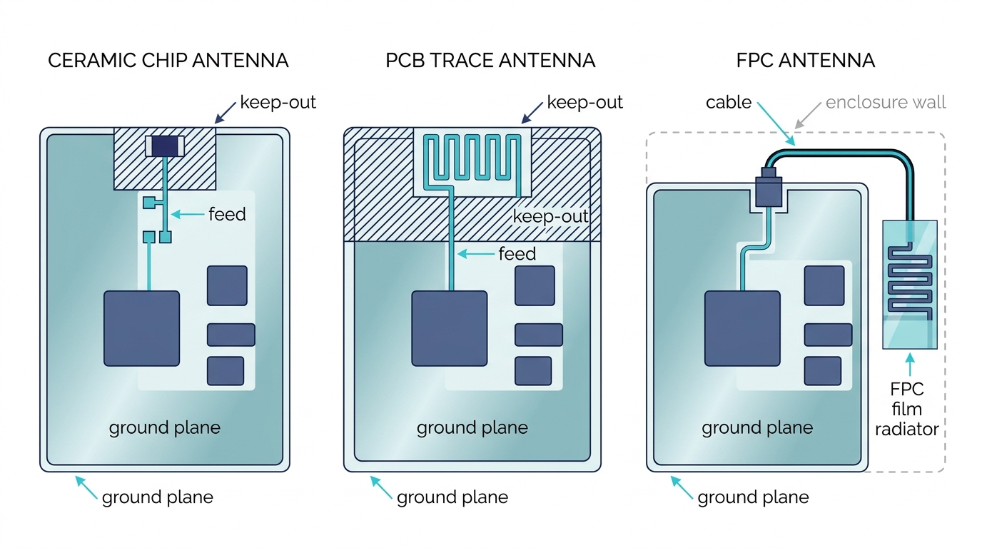 Top view comparison of ceramic chip, PCB trace and FPC antenna layouts showing ground plane, keep-out area, feed and cable routing on a product PCB
