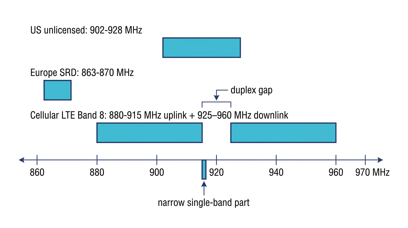 Frequency axis comparing the 902-928 MHz US unlicensed band, the 863-870 MHz European SRD band and LTE Band 8 uplink and downlink with the duplex gap