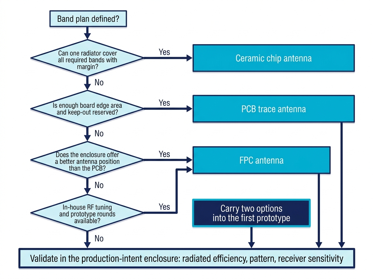 Decision flowchart for selecting a ceramic chip, PCB trace or FPC antenna based on band coverage, board area, enclosure position and RF tuning resources