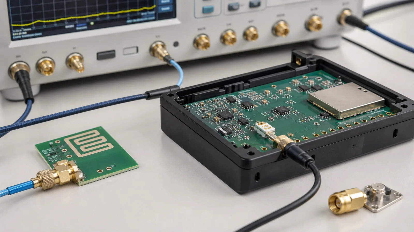 RF test bench comparing compact antenna choices for connected devices