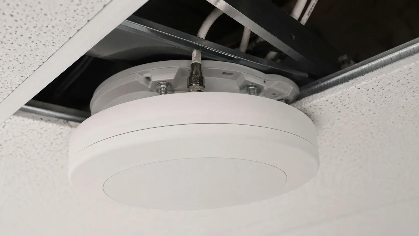 Ceiling mounted DAS antenna connected above a suspended ceiling grid