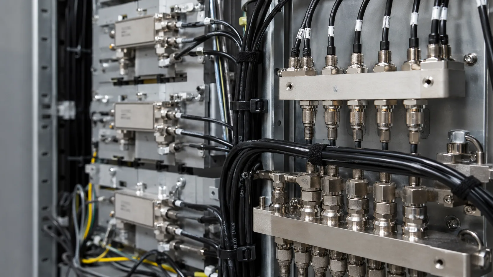 DAS headend RF distribution equipment with coaxial cable connections