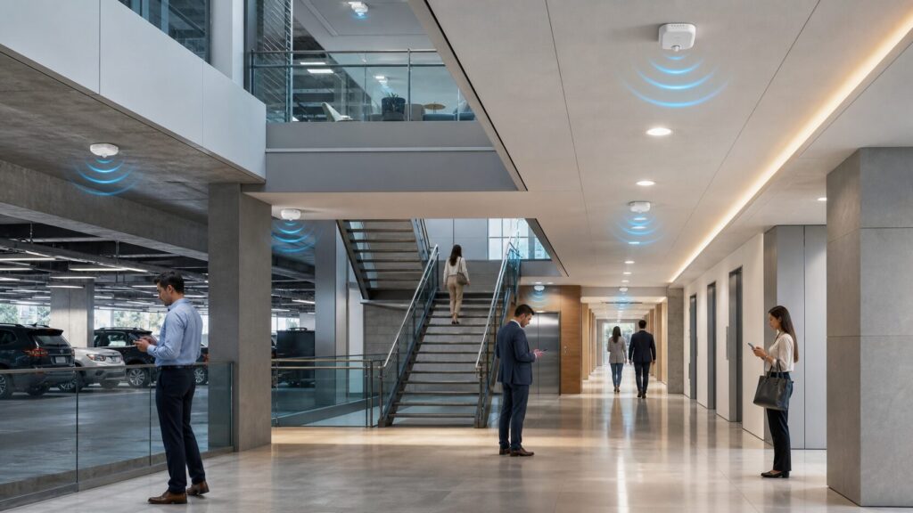 Distributed antenna system improving indoor cellular coverage across a multi-floor commercial building