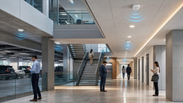 Distributed antenna system improving indoor cellular coverage across a multi-floor commercial building
