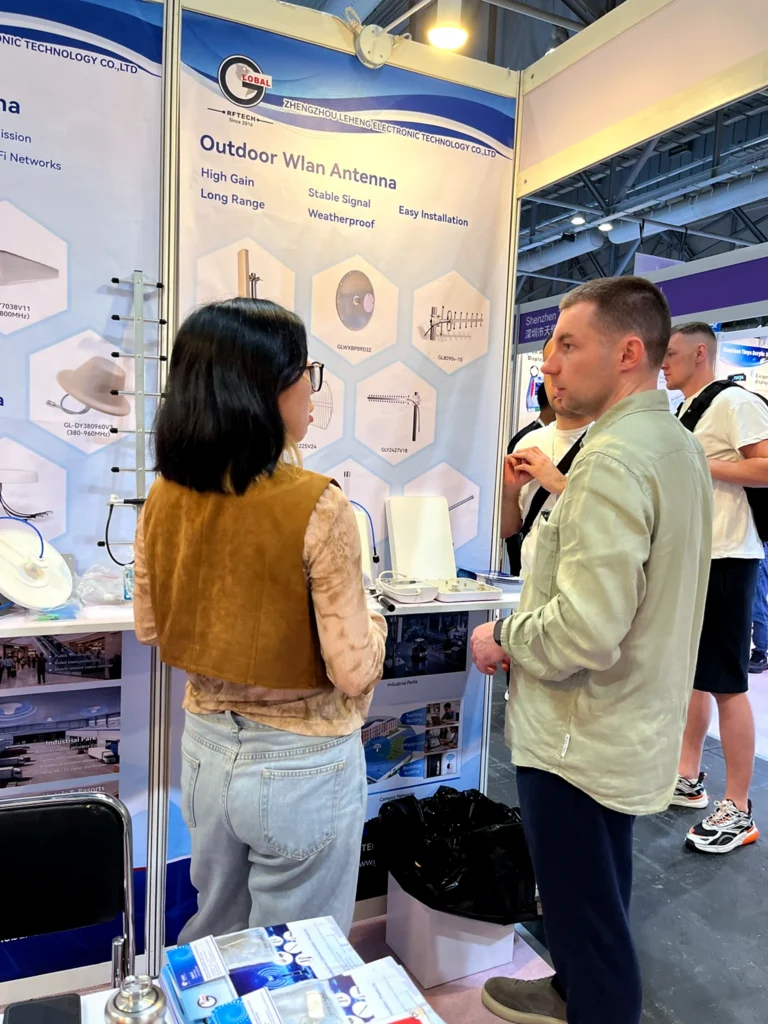 Visitor discussing antenna requirements with Global RF Tech at Global Sources Hong Kong 2026.