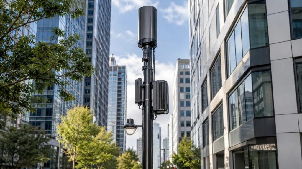 Close technical view of beamforming energy steering from a phased array toward mobile users