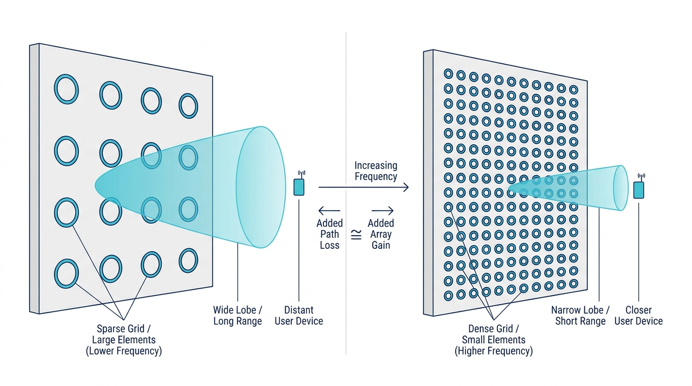 Comparison diagram showing that a higher-frequency array fits more elements in the same panel area while covering a shorter distance