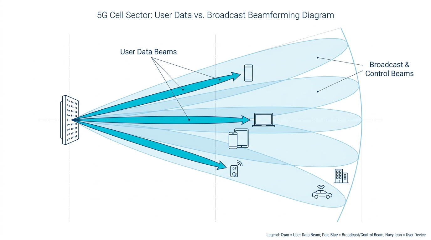 Diagram of a 5G sector showing narrow user data beams alongside a limited set of broad sweeping beams used for broadcast and control coverage