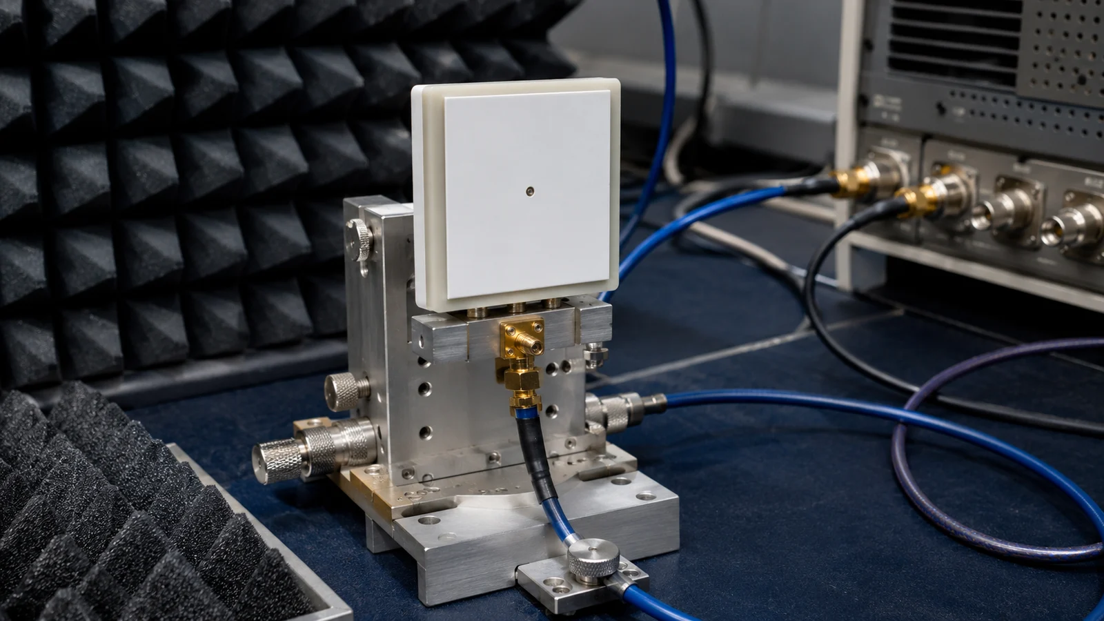 Ceramic patch antenna close-up on an RF engineering bench