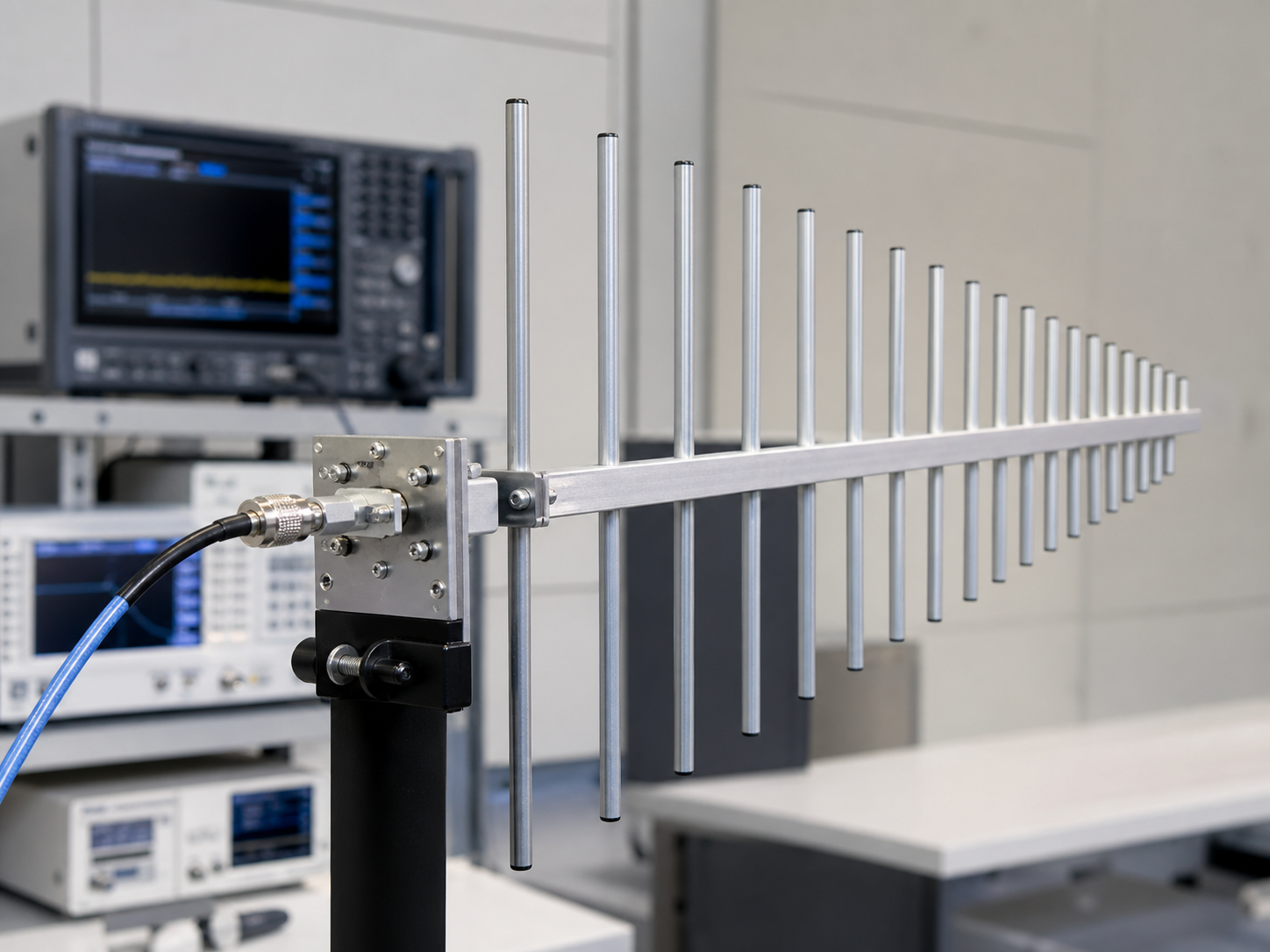 LPDA antenna test setup showing mounting angle and element spacing