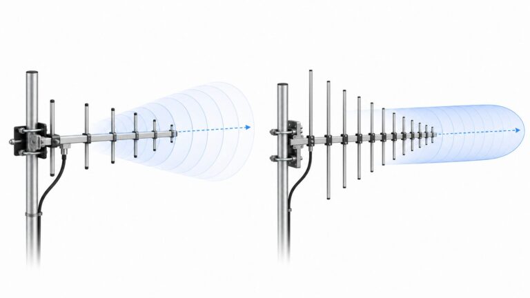 Side-by-side technical illustration comparing Yagi and LPDA directional antennas