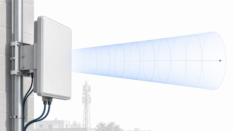 Directional flat panel antenna mounted outdoors with focused coverage beam illustration