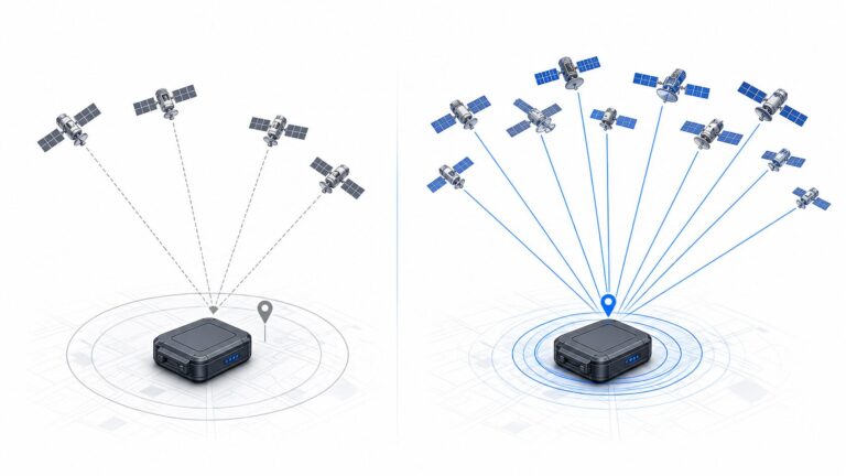 Illustration comparing GPS-only and GNSS multi-constellation antenna signal paths for a tracking device