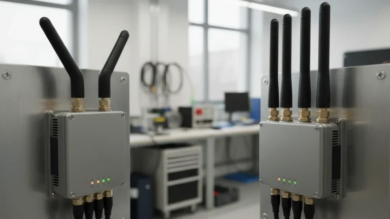 Industrial 4G and 5G antenna gateways shown side by side for comparison.