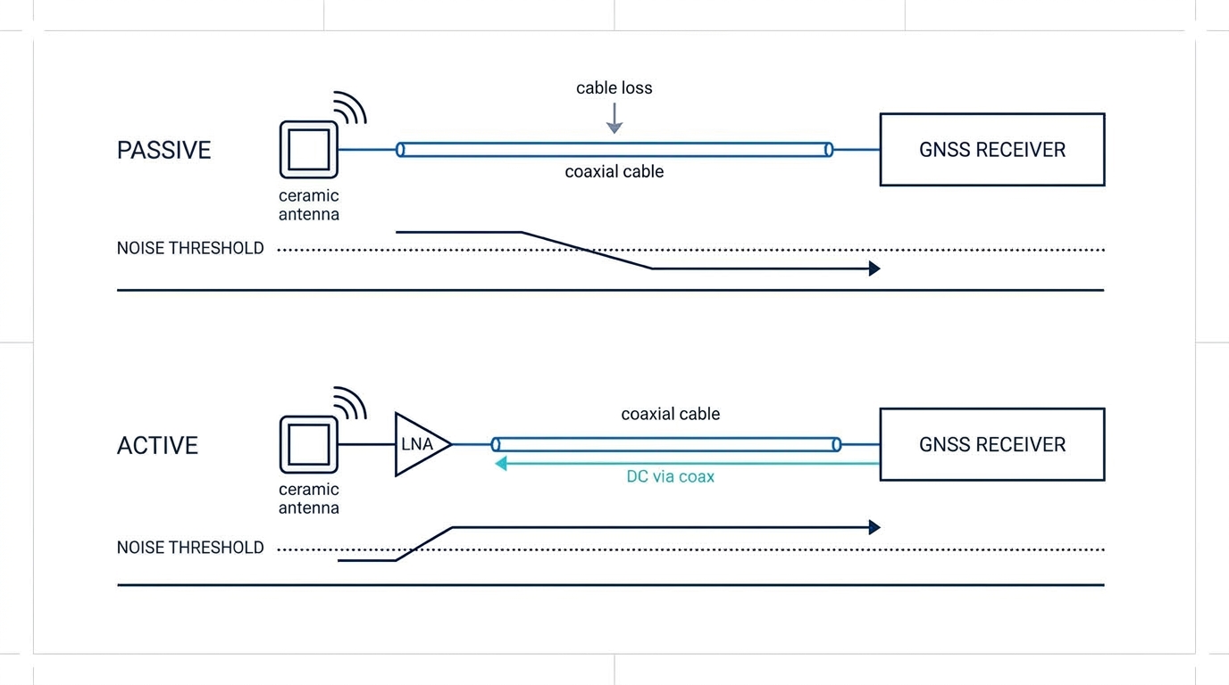 Vergleich der Signalwege: passive GPS-Antenne mit Kabelverlust vor dem Empfänger und aktive GPS-Antenne mit LNA direkt am Antennenelement