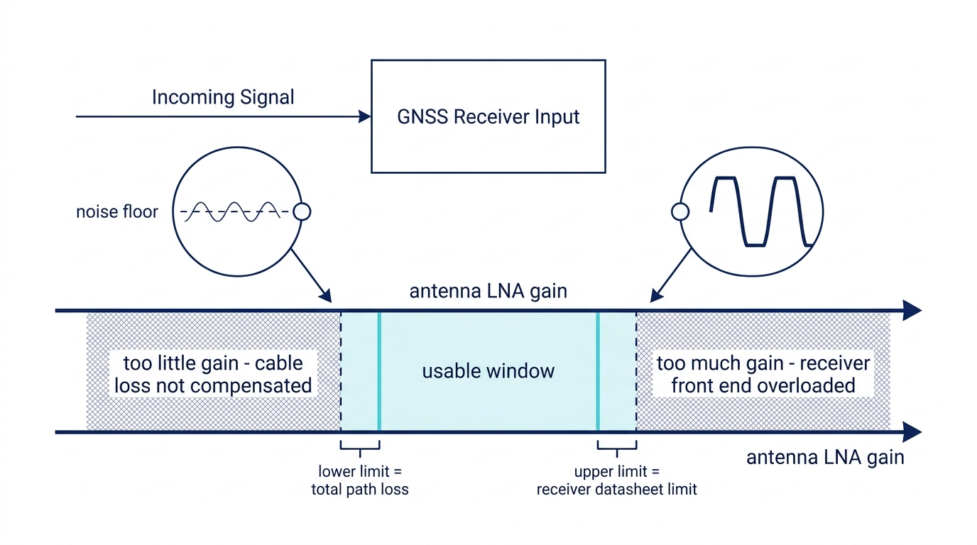 Nutzbares Verstärkungsfenster einer aktiven GPS-Antenne zwischen zu geringer Verstärkung und Übersteuerung des Empfängers