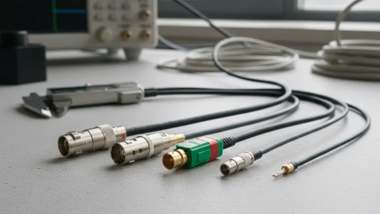 Coaxial antenna connector types arranged on an RF engineering workbench.