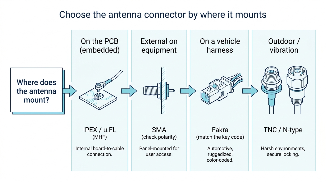 Decision diagram matching PCB, equipment, vehicle harness and outdoor mounts to IPEX, SMA, Fakra and TNC or N-type connectors