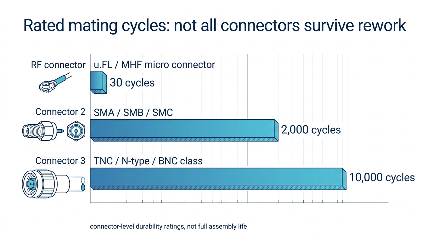 Bar chart comparing rated mating cycles for u.FL and MHF micro connectors, the SMA class, and the TNC and N-type class