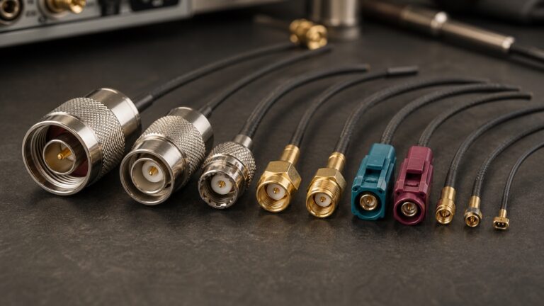 HF-Antennenstecker von N und SMA bis FAKRA und U.FL im Größenvergleich