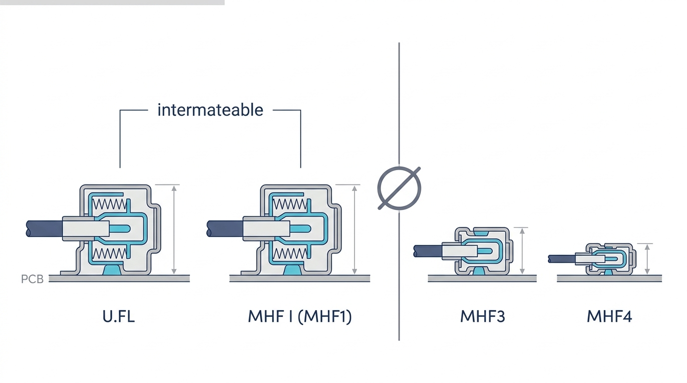 Vergleichsdiagramm der Mikro-Koaxialsteckverbinder U.FL, MHF I, MHF3 und MHF4 mit Hinweis auf die steckbaren Serien