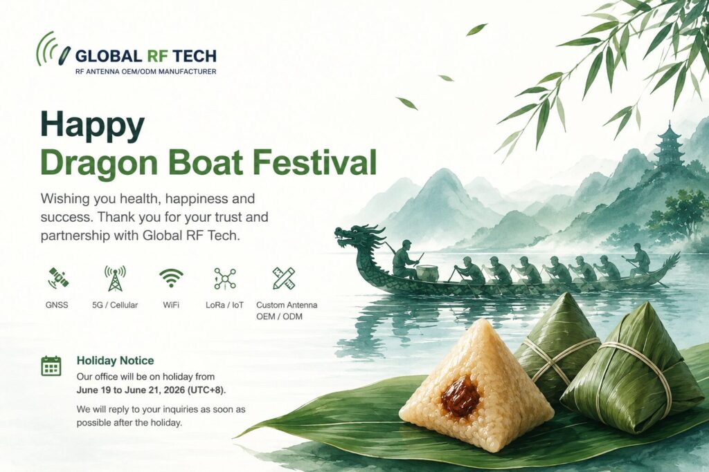 Dragon Boat Festival 2026 greetings from Global RF Tech with zongzi and dragon boat
