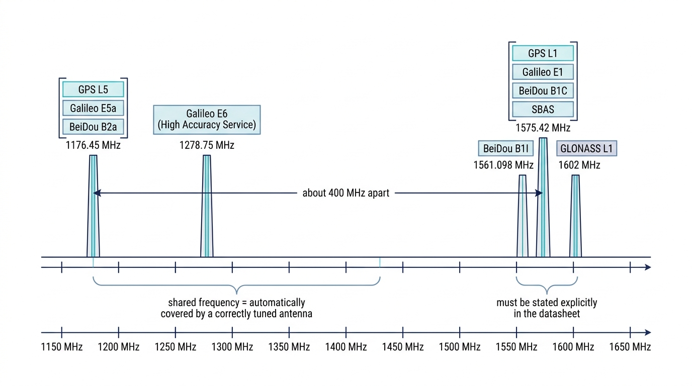GNSS frequency band map showing which navigation signals share the same frequencies and which must be specified separately