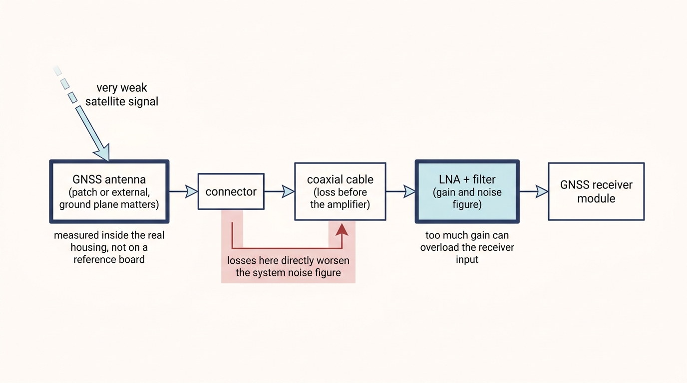 Block diagram of a GNSS receive path from antenna through connector, cable and LNA to the receiver module, marking where losses occur