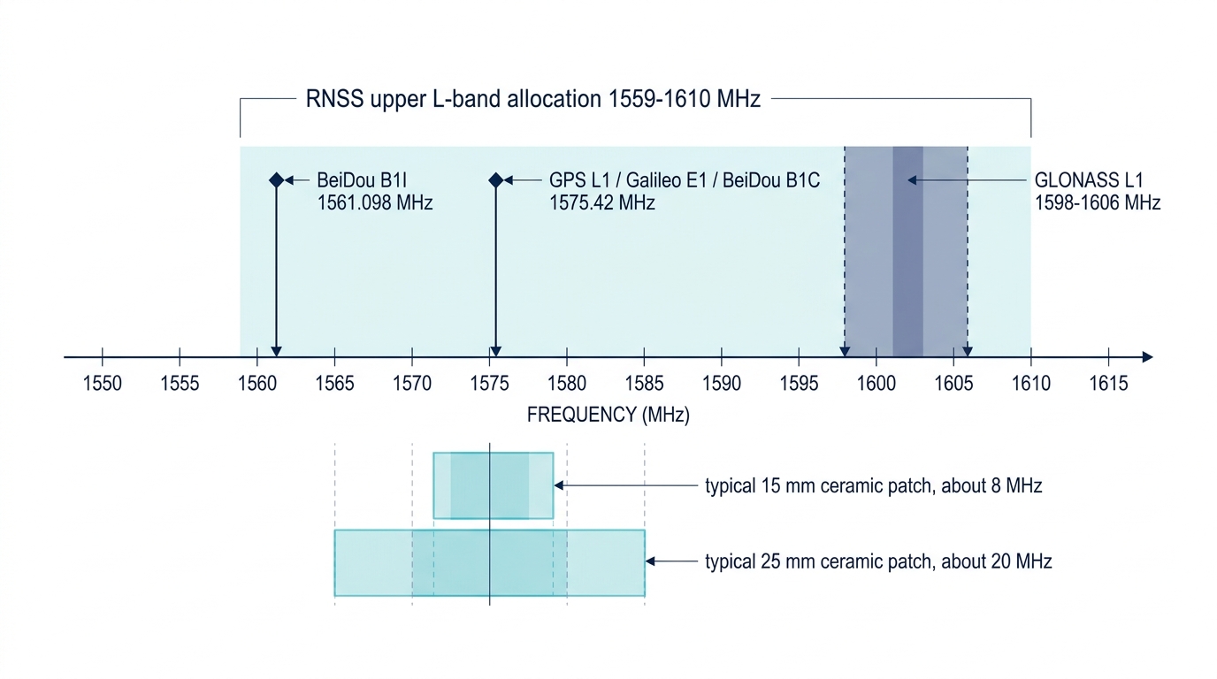 GNSS upper L-band frequencies compared with typical ceramic patch antenna bandwidth