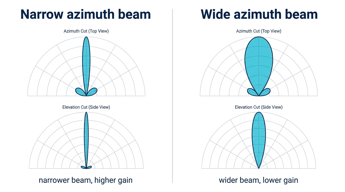 Comparison of narrow and wide azimuth beam polar patterns showing the beamwidth versus gain trade-off