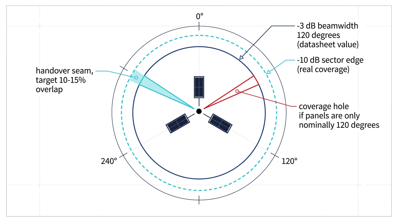 Sector antenna 3 dB beamwidth compared with the real sector edge and the handover overlap between sectors