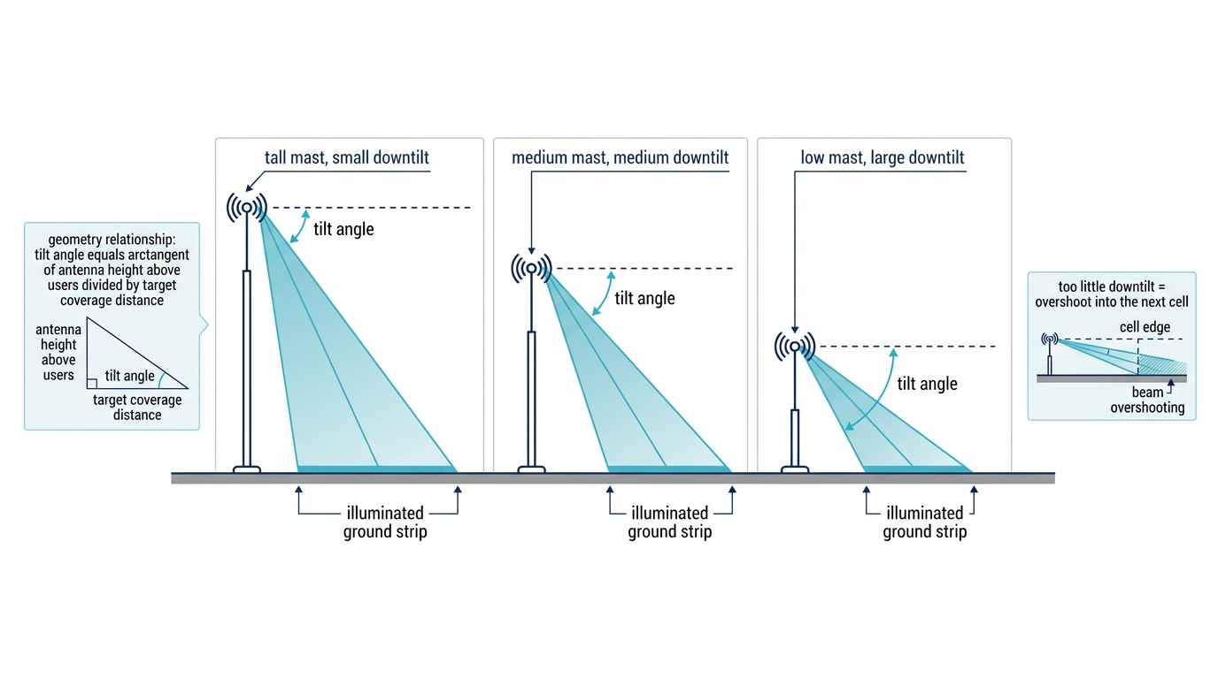 Side view showing how mast height sets sector antenna downtilt and how too little tilt causes overshoot