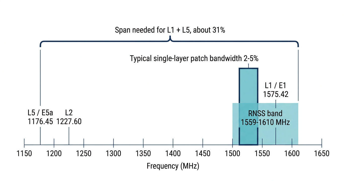 Frequency chart comparing typical single-layer patch antenna bandwidth with the span needed to cover GNSS L1 and L5 bands