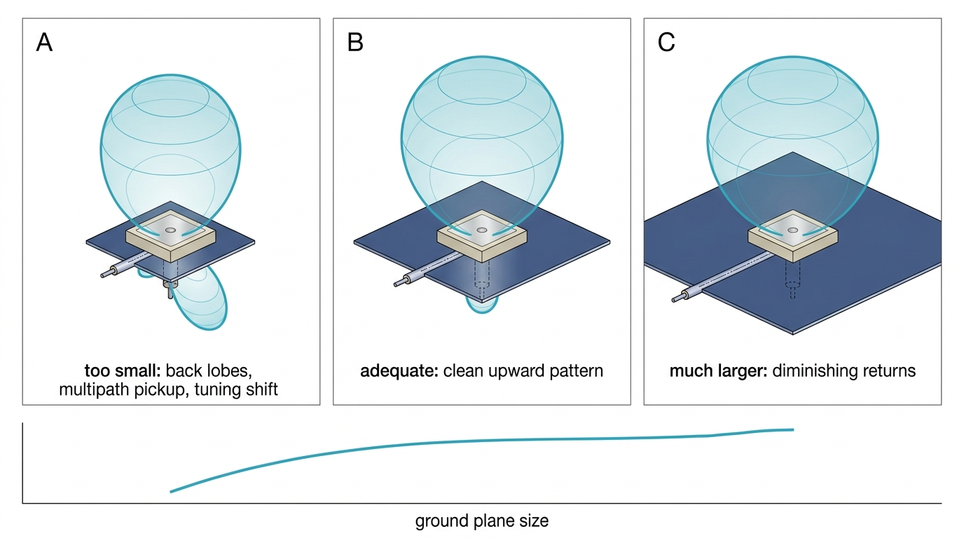Comparison of GNSS patch antenna radiation patterns on undersized, adequate and oversized ground planes