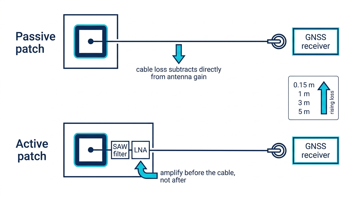 Passive and active GNSS patch antenna receive chains showing where coaxial cable loss occurs