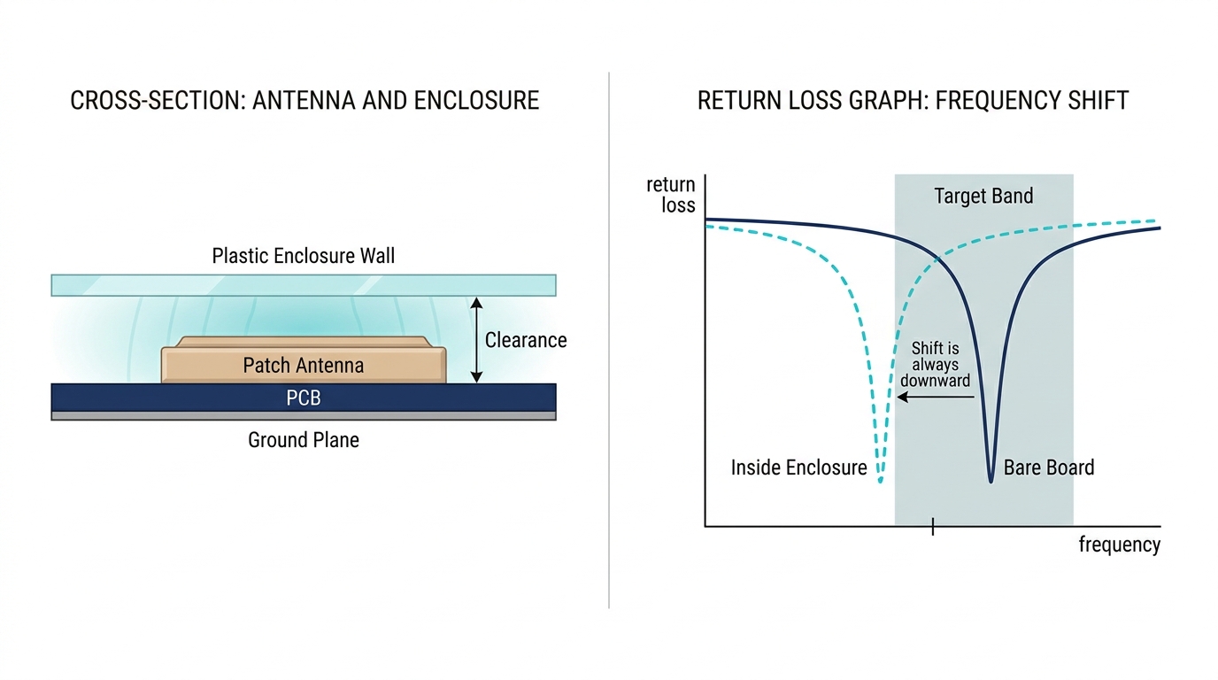 Patch antenna under a plastic enclosure wall and the resulting downward shift in return loss