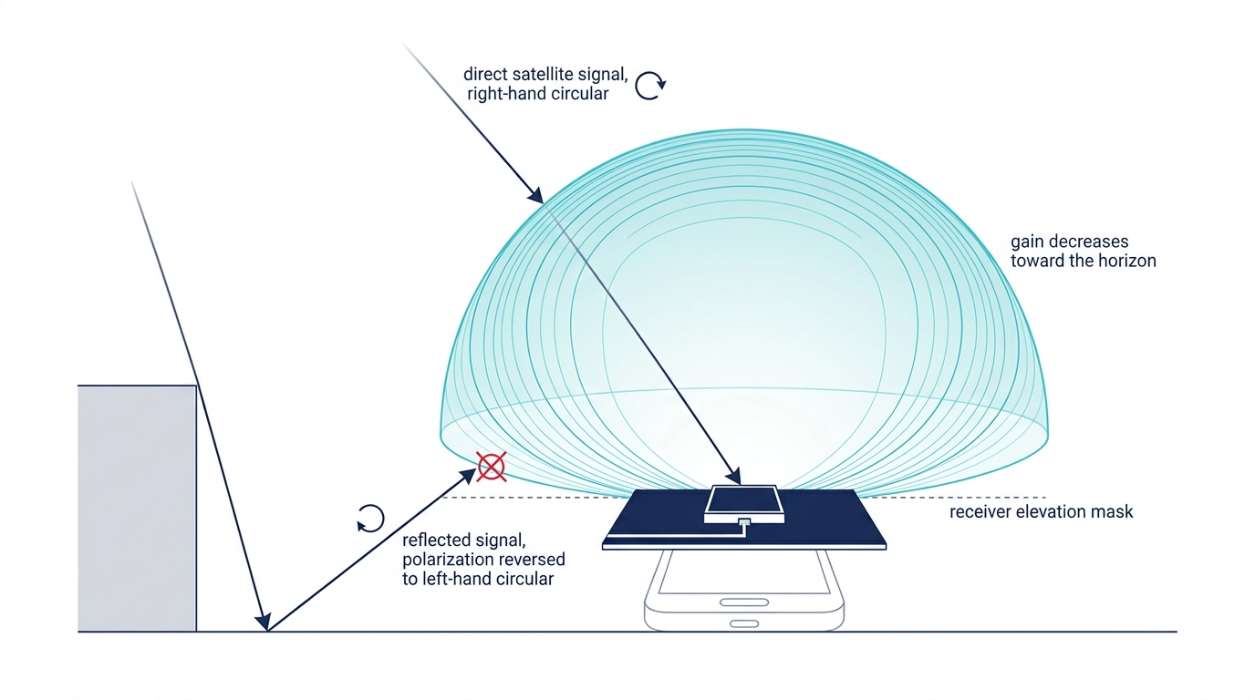 GNSS patch antenna gain roll-off rejecting a low-elevation reflected signal