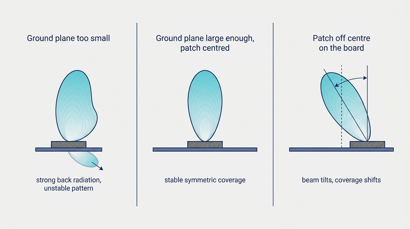 Effect of ground plane size and patch placement on the radiation pattern