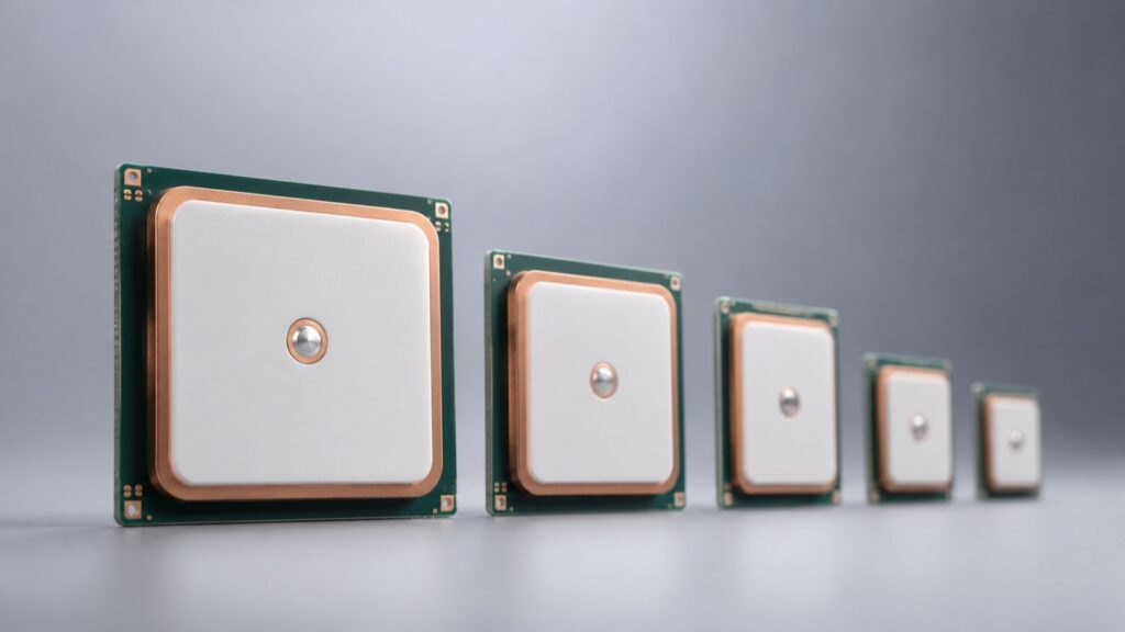 Different size patch antennas lined up for selection