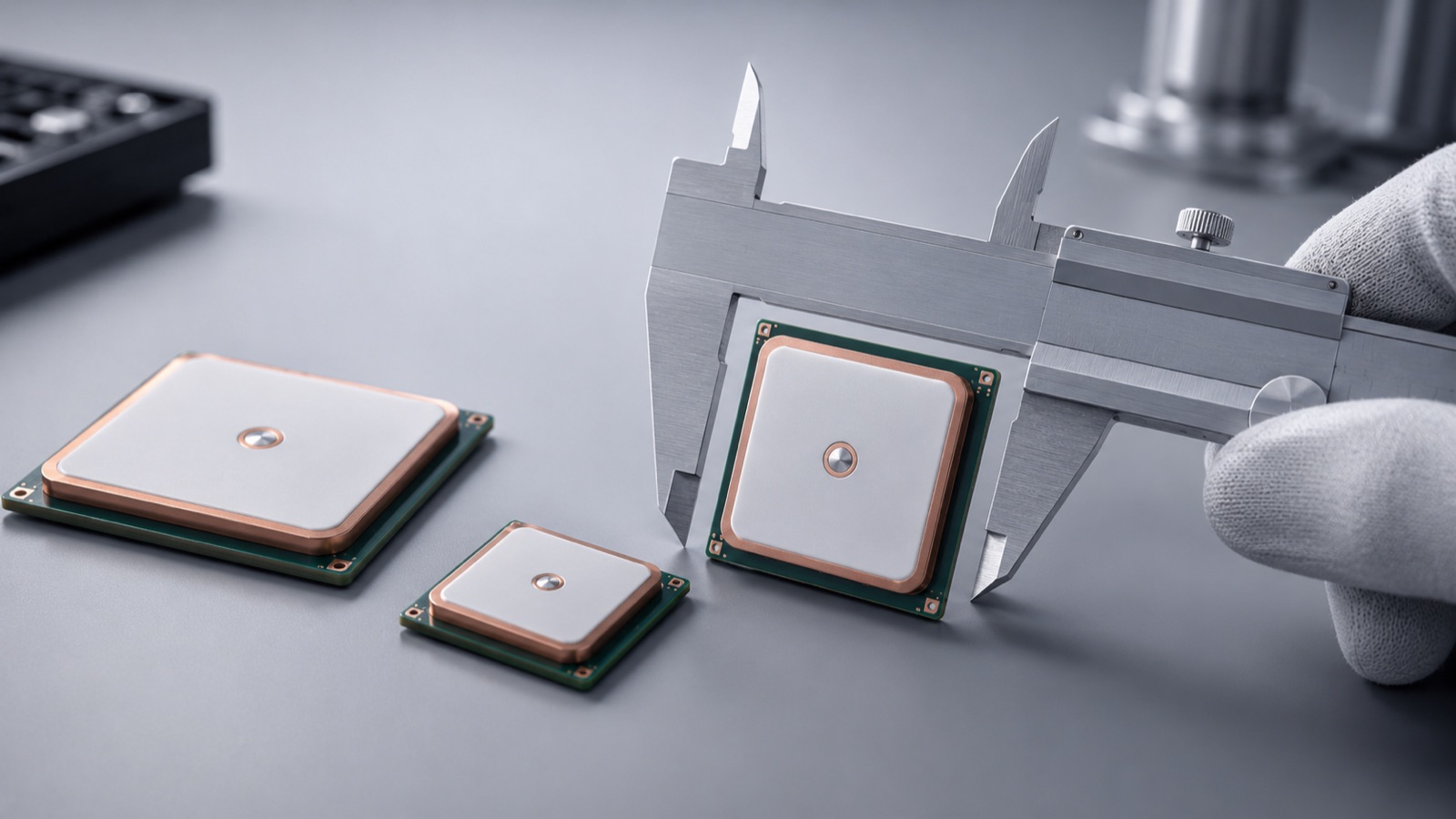 Measuring patch antenna size with precision calipers